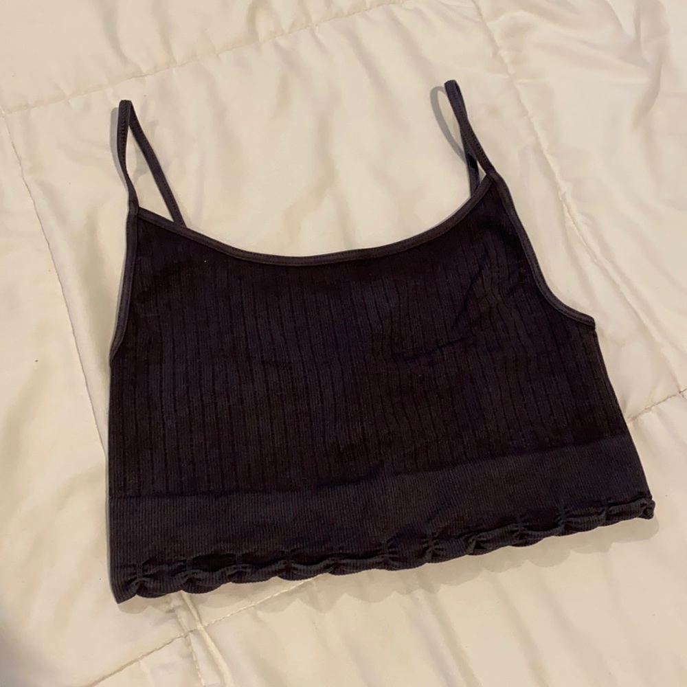 Dark Grey Ribbed Bralette with Scalloped Trim
